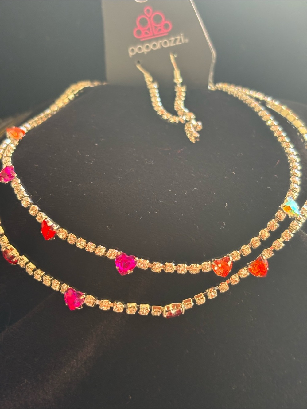 paparazzi Silver-Tone Heart Necklace with clear crystals Pink and Orange Accents